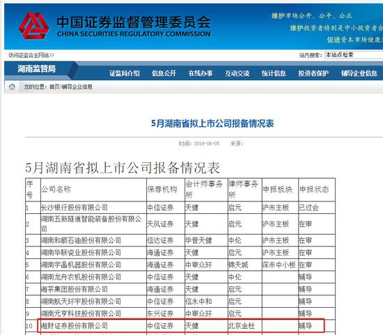 湖南证监局官网截图